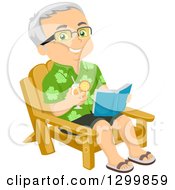 Poster, Art Print Of Cartoon Happy Traveling Senior White Man Holding A Drink And Readng A Book In A Chair