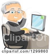 Poster, Art Print Of Cartoon Happy Forrmal Senior White Man Adjusting His Glasses And Looking Back While Working On A Computer