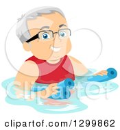 Poster, Art Print Of Cartoon Happy White Senior Man Wearing Glasses And Floating With A Noodle In A Swimming Pool