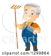 Cartoon Happy White Senior Male Farmer Or Gardener Standing With A Rake