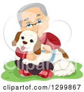 Poster, Art Print Of Happy White Senior Man Sitting In Grass And Hugging His Dog