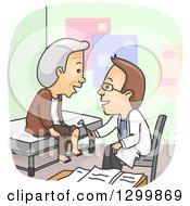 Poster, Art Print Of Cartoon Brunette Male Doctor Checking The Knee Of A Male Senior Patient