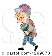 Poster, Art Print Of Cartoon Senior White Man Carrying Books And Walking To The Left