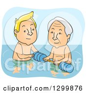 Poster, Art Print Of Cartoon Blond White Man Helping A Senior Man With Water Therapy