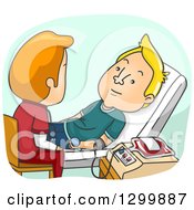 Cartoon White Male Nurse Helping A Man Donate Blood