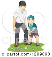 Poster, Art Print Of Happy Caucasian Father Or Coach Teaching A Boy How To Golf