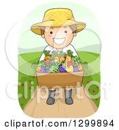 Poster, Art Print Of Cartoon Brunette White Boy Or Man Carrying A Harvest Vegetable Box