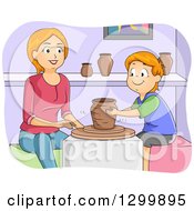 Poster, Art Print Of Red Haired White Boy And Mother Taking A Pottery Class