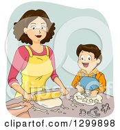 Brunette White Woman And Son Making Dough And Cookies