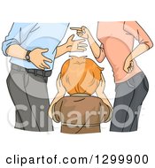 Clipart Of A Rear View Of A Red Haired White Boy Worrying Under Fighting Parents Royalty Free Vector Illustration