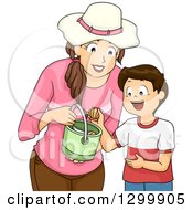 Poster, Art Print Of Brunette White Mother And Son Collecting Sea Shells
