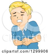Clipart Of A Cartoon Blond White Boy Suffering From Stomach Pains Royalty Free Vector Illustration by BNP Design Studio