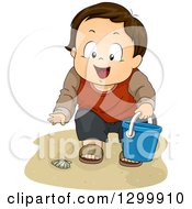 Poster, Art Print Of Brunette White Boy Collecting Sea Shells On A Beach