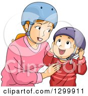 Red Haired White Mother And Son Putting On Helmets