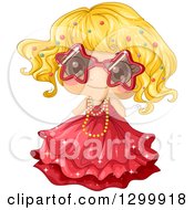 Poster, Art Print Of Blond White Girl In A Fancy Red Dress And Star Shaped Sunglasses