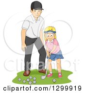 Poster, Art Print Of Blond White Girl Getting A Golf Lesson From A Coach Or Her Dad