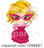 Poster, Art Print Of Happy Blond White Girl In A Masquerade Costume Holding Up A Mask