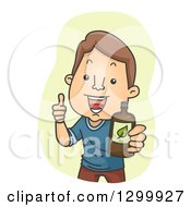 Poster, Art Print Of Cartoon Brunette White Man Giving A Thumb Up And Holding Out A Drink Or Medicine