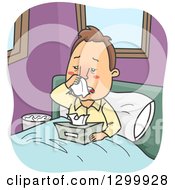 Clipart Of A Cartoon Sick With Man Blowing His Nose In Bed Royalty Free Vector Illustration