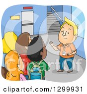 Poster, Art Print Of Cartoon Blond White Man Giving Freshment A College Campus Tour