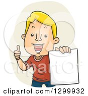 Poster, Art Print Of Cartoon Happy Blond White Man Giving A Thumb Up And Holding Up A Piece Of Paper
