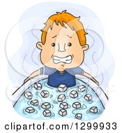 Cartoon Sick Red Haired White Man Taking An Ice Bath To Relieve A Fever