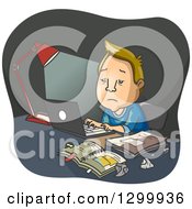 Poster, Art Print Of Cartoon Haggard Blond White Man Working Late At His Desk