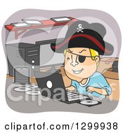 Cartoon Blond White Man Pirating Dvds And Wearing A Hat At A Desk