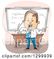 Clipart Of A Cartoon Angry Brunette White Male Professor Throwing A Fit In Front Of His Desk Royalty Free Vector Illustration