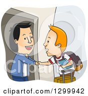 Cartoon Friendly Asian Man Welcoming A White Foreign Exchange Student In His Home