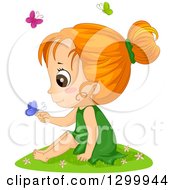 Poster, Art Print Of Red Haired White Girl Sitting In Grass And Holding A Butterfly