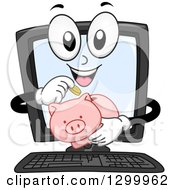 Poster, Art Print Of Cartoon Desktop Computer Character Inserting Coins In A Piggy Bank