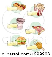 Poster, Art Print Of Sketched Coffee And Foods And Blank Banners Over Green Circles