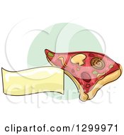Clipart Of A Sketched Pizza Slice And Blank Banner Over A Green Circle Royalty Free Vector Illustration