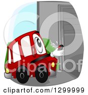 Cartoon Car Character Opening A Garage With A Remote