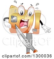 Cartoon Credit Card Character Being Cut By Scissors