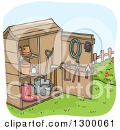 Cartoon Garden Shed With Tools Boots And Pots