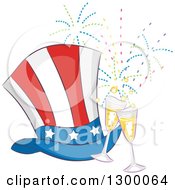 Poster, Art Print Of Patriotic American Top Hat With Champagne Glasses And Fireworks