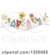 Poster, Art Print Of Sketched Wave Of Flowers And Organic Cosmetic Products