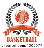Clipart Of An Orange Basketball In A Black Wreath With A Blank Banner Over Text Royalty Free Vector Illustration