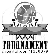 Poster, Art Print Of Grayscale Basketball Over A Hoop And Blank Banner Over Text