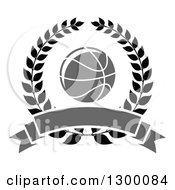 Clipart Of A Basketball In A Wreath With A Blank Gray Banner Royalty Free Vector Illustration