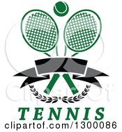Clipart Of A Tennis Ball Over Crossed Rackets A Blank Banner Branches And Text Royalty Free Vector Illustration