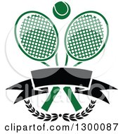Poster, Art Print Of Tennis Ball Over Crossed Rackets A Blank Banner And Branches