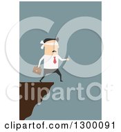 Poster, Art Print Of Flat Modern White Businessman Blindfolded And Walking Off Of A Cliff Over Blue
