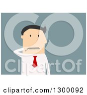Clipart Of A Flat Modern White Businessman With A Zipped Mouth Over Blue Royalty Free Vector Illustration