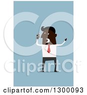 Poster, Art Print Of Flat Modern Black Businessman Screaming Into A Cell Phone Over Blue