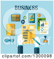 Poster, Art Print Of Flat Design Of A Businessman Completing A Check List Over Blue With Text