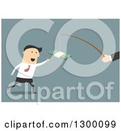 Poster, Art Print Of Flat Modern White Businessman Chasing Money On A Stick Over Blue