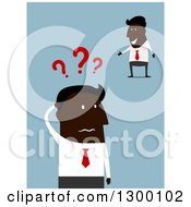Clipart Of A Flat Modern Black Businessman Confused And Presenting Over Blue Royalty Free Vector Illustration